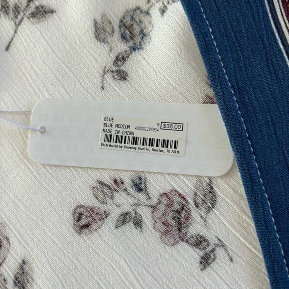 Charming Charlie Krazy Kat Floral Cream and Blue Surplice Long Sleeve Blouse M - Picture 3 of 10